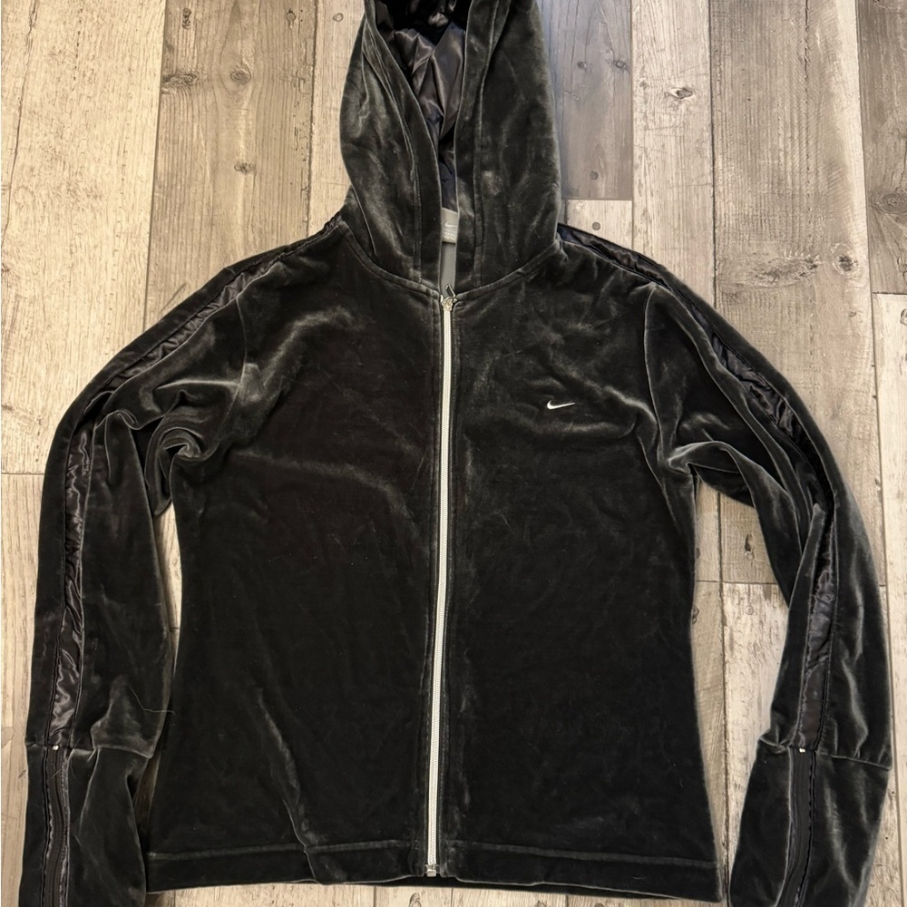 Nike Woman's Velour Zip Up Track Jacket Large 12-14 Gray Stripe Y2K